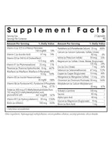 Supplement facts for MVM-A listing ingredients including Acetyl L-Carnitine, Alpha Lipoic Acid, Ascorbic Acid, Biotin, Calcium