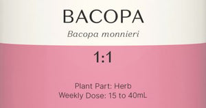 Supplement facts for Bacopa 1:1 listing ingredients including Bacopa Monnieri