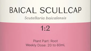 Supplement facts for Baical Scullcap 1:2 listing ingredients including Scutellaria Baicalensis