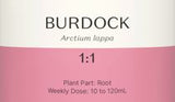 Supplement facts for Burdock 1:1 listing ingredients including Burdock extract