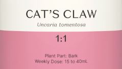 Supplement facts for Cat's Claw 1:1 listing ingredients including Cat's claw, Cat's claw (Uncaria tomentosa)