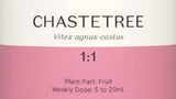 Supplement facts for Chaste Tree 1:1 listing ingredients including Chaste extract, Chaste tree (Vitex agnus-castus)