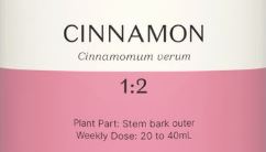 Supplement facts for Cinnamon 1:2 listing ingredients including Berberis vulgaris, Cinnamomum verum, Cinnamon, Pine Bark Extract (Pinus radiata), Salix Alba Bark Extract