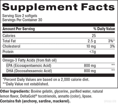 Supplement facts for Calm the Storm listing ingredients including DHA, Deltagold Tocotrienols Vitamin E, Docosahexaenoic acid, EPA, Eicosapentaenoic acid