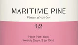 Supplement facts for Maritime Pine 1:2 listing ingredients including Pine (Pinus spp.), Pine Bark Extract (Pinus pinaster), Pine Bark Extract (Pinus spp.)