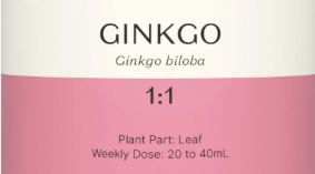 Supplement facts for Ginkgo Biloba 1:1 listing ingredients including Gingko biloba