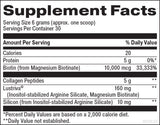 Supplement facts for Beyond Brilliance listing ingredients including  Alpha-casozepine, Arginine, Biotin, Bone broth, Collagen