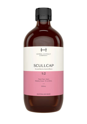 A supplement container of Scullcap 1:2 by Herbal Extract Company