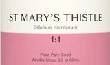 Supplement facts for St Mary's Thistle 1:1 listing ingredients including Milk thistle, Milk thistle (Silybum marianum), Silybum marianum
