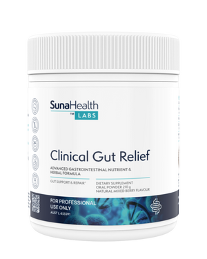 A supplement container of Clinical Gut Relief Mixed Berry by SunaHealth Labs