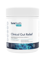 A supplement container of Clinical Gut Relief Mixed Berry by SunaHealth Labs
