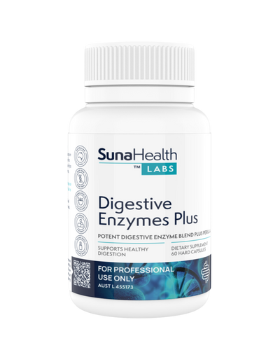 A supplement container of Digestive Enzymes Plus by SunaHealth Labs