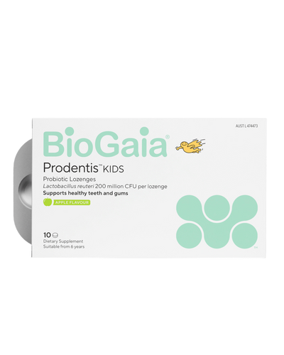 Supplement facts for BioGaia Prodentis Kids Apple, listing ingredients including Lactobacillus Reuteri