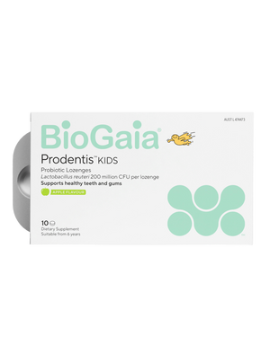 A supplement container of BioGaia Prodentis Kids Apple, by BioGaia
