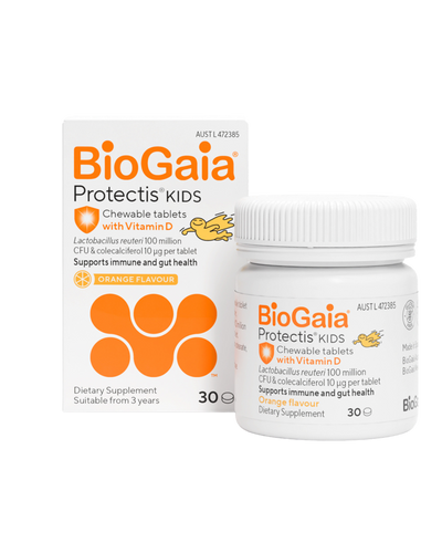 Supplement facts for BioGaia Protectis Kids Chewable, listing ingredients including Cholecalciferol, Lactobacillus Reuteri, Vitamin D, Vitamin D3