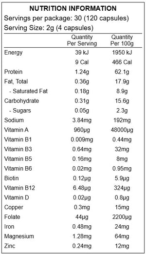 Supplement facts for Beef Liver, 120caps listing ingredients including  Alpha-casozepine, Biotin, Bone broth, Bovine Collagen Peptides, Co-Enzyme Q-10