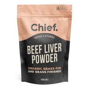 A supplement container of Beef Liver Powder, 180g by Chief Nutrition
