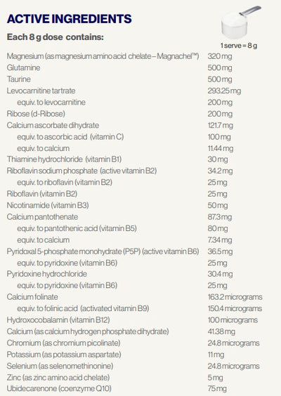 Supplement facts for Ultra Muscleze Energy, 240gm listing ingredients including Ascorbic Acid, Calcium, Calcium Folinate, Calcium Hydrogen Phosphate, Calcium Pantothanate