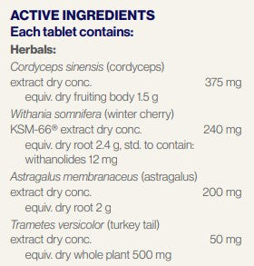 Supplement facts for ImmunActiv Restore, 60tabs listing ingredients including Ashwagandha (Withania somnifera), Astragalus, Cordyceps, Cordyceps sinensis, Turkey tail mushroom (Trametes versicolor)