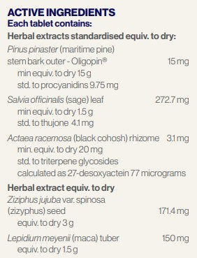 Supplement facts for MenoSupport, 60tabs listing ingredients including AbsoCurcumin® Turmeric, Actaea racemosa, Anemarrhena Rhizome, Anemarrhena asphodeloides, Black cohosh