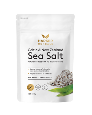 A supplement container of Celtic & New Zealand Sea Salt with Kelp 500gm by Harker Herbals