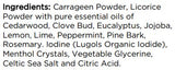 Supplement facts for Ear Nose Throat Tonic listing ingredients including Cedarwood Oil, Citric Acid, Clove bud, Eucalyptus Oil, Glycine