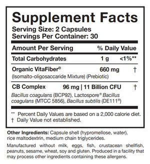 Supplement facts for CoreBiotic