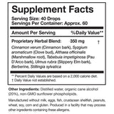 Supplement facts for Elim-A-Cand listing ingredients including Althaea officinalis, Berberine, Cinnamomum cassia, Cinnamon, Clove (Syzygium aromaticum)
