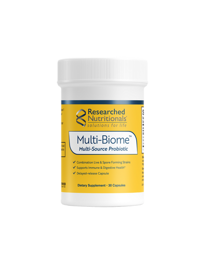 A supplement container of Multi-Biome by Researched Nutritionals