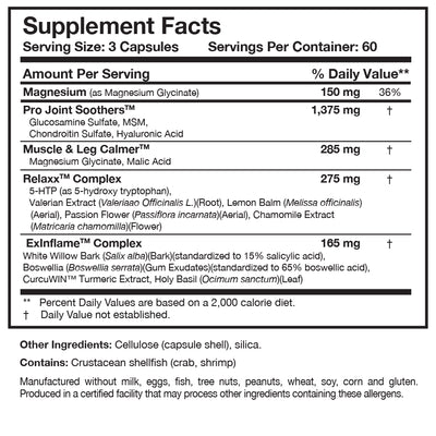 Supplement facts for Soothe & Relaxx