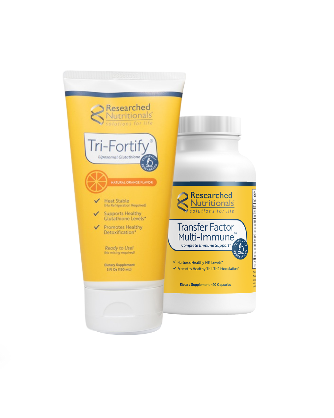 A supplement container of Enhanced Immunity Duo (Orange) by Researched Nutritionals