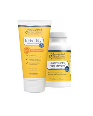 A supplement container of Enhanced Immunity Duo (Orange) by Researched Nutritionals