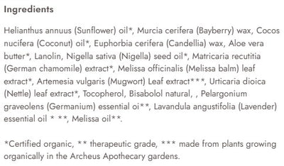 Supplement facts for Tingle Balm listing ingredients including Aloe Vera, Angustifolia, Artemisia, Chamomile, Chamomile (German)
