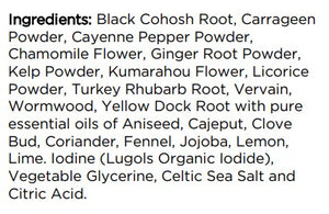 Supplement facts for Liver Tonic listing ingredients including Aniseed, Black cohosh, Cayenne Pepper, Chamomile, Citric Acid