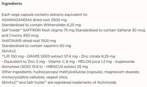 Supplement facts for Mood & Stress 60caps listing ingredients including Affron, Ashwagandha, Ashwagandha (Withania somnifera), Asparagus racemosus, Crocus sativus