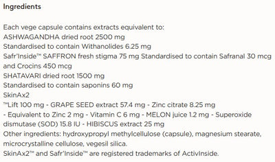 Supplement facts for Mood & Stress 60caps listing ingredients including Affron, Ashwagandha, Ashwagandha (Withania somnifera), Asparagus racemosus, Crocus sativus