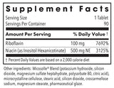 Supplement facts for Optimox ATP Cofactors listing ingredients including Inositol, Vitamin B2 (riboflavin), Vitamin B3 Niacin