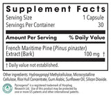 Supplement facts for Pycnogenol listing ingredients including Pine (Pinus spp.), Pine Bark Extract (Pinus pinaster), Pine Bark Extract (Pinus spp.), Pycnogenol (French maritime pine bark extract)