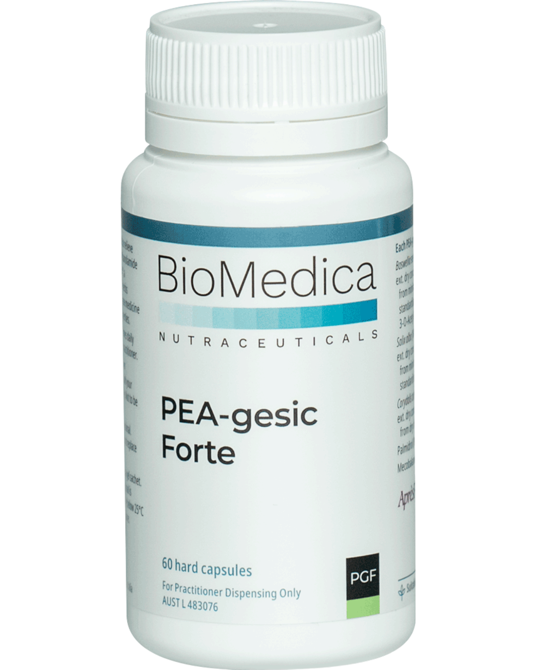 A supplement container of PEA-gesic Forte 60 capsules by Bio-Medica