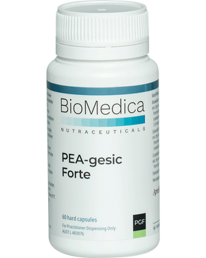 A supplement container of PEA-gesic Forte 60 capsules by Bio-Medica