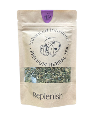 A supplement container of Replenish Premium Herbal Tea by Enhanced Wellbeing