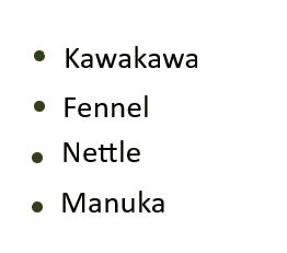 Supplement facts for Replenish Premium Herbal Tea listing ingredients including Fennel, Foeniculum vulgare, Kawakawa Leaf Powder, Manuka Oil, Nettle extract