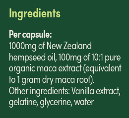 Supplement facts for Hempseed Oil and Maca Refill Pouch listing ingredients including Glycine, Helichrysum Hydrosol, Indian Frankincense Extract, Lavender Extract, Maca extract