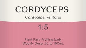 Supplement facts for Cordyceps 1:5 listing ingredients including Cordyceps, Cordyceps Militaris