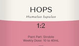 Supplement facts for Hops 1:2 listing ingredients including Hops, Humulus lupulus