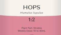 Supplement facts for Hops 1:2 listing ingredients including Hops, Humulus lupulus