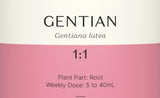 Supplement facts for Gentian 1:1 listing ingredients including Gentian Extract, Gentian Lutea