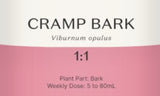 Supplement facts for Cramp Bark 1:1 listing ingredients including Cramp Bark