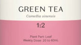 Supplement facts for Green Tea 1:2 listing ingredients including Camellia sinensis, Camellia sinensis Green Tea, Green tea