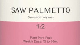 Supplement facts for Saw Palmetto 1:2 listing ingredients including Saw palmetto (Serenoa repens)